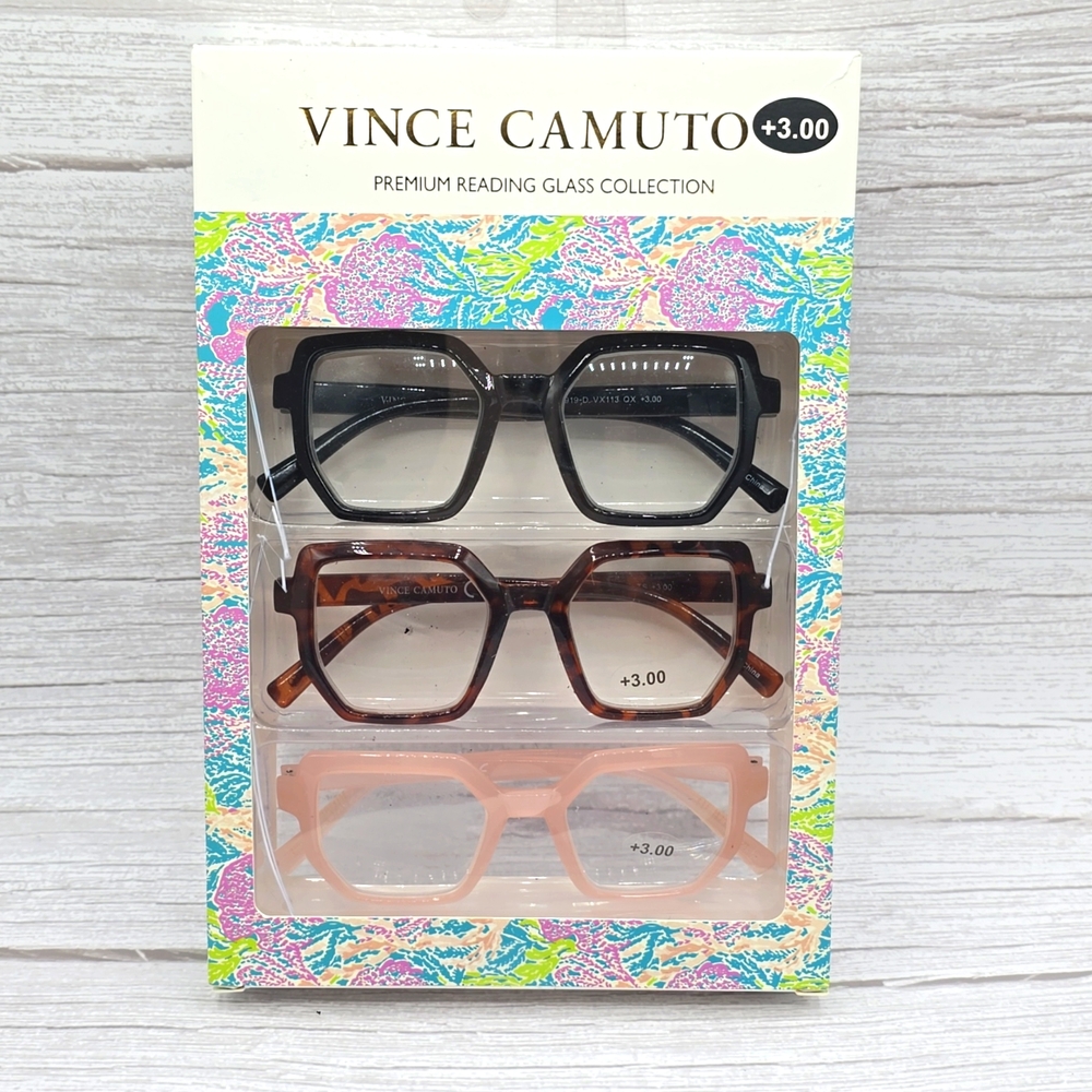 Vince Camuto Set of 3 Reading Glasses  Eyewear +3.00 Black Pink Brown Tortoise
